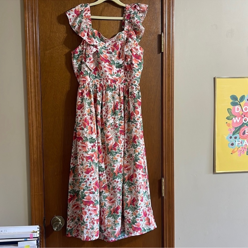 Floral flutter sleeve long dress Staccato M red peach white green